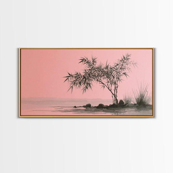 Bamboo and Mist Ink Wash Composition Canvas Print, Yoga Studio Art, Contemporary Art, Yoga Studio Decor, Fine Art, Balance, YSA-2x1-54