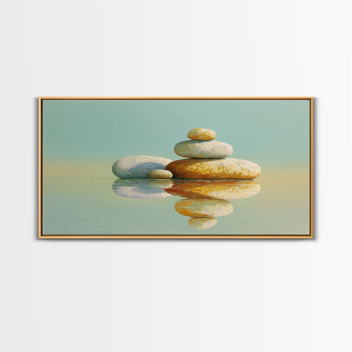 Balanced Stones Beside Calm Water Framed Canvas Print, Yoga Studio Art, Living Room Wall Art, Yoga Studio Decor, Balance, YSA-2x1-72