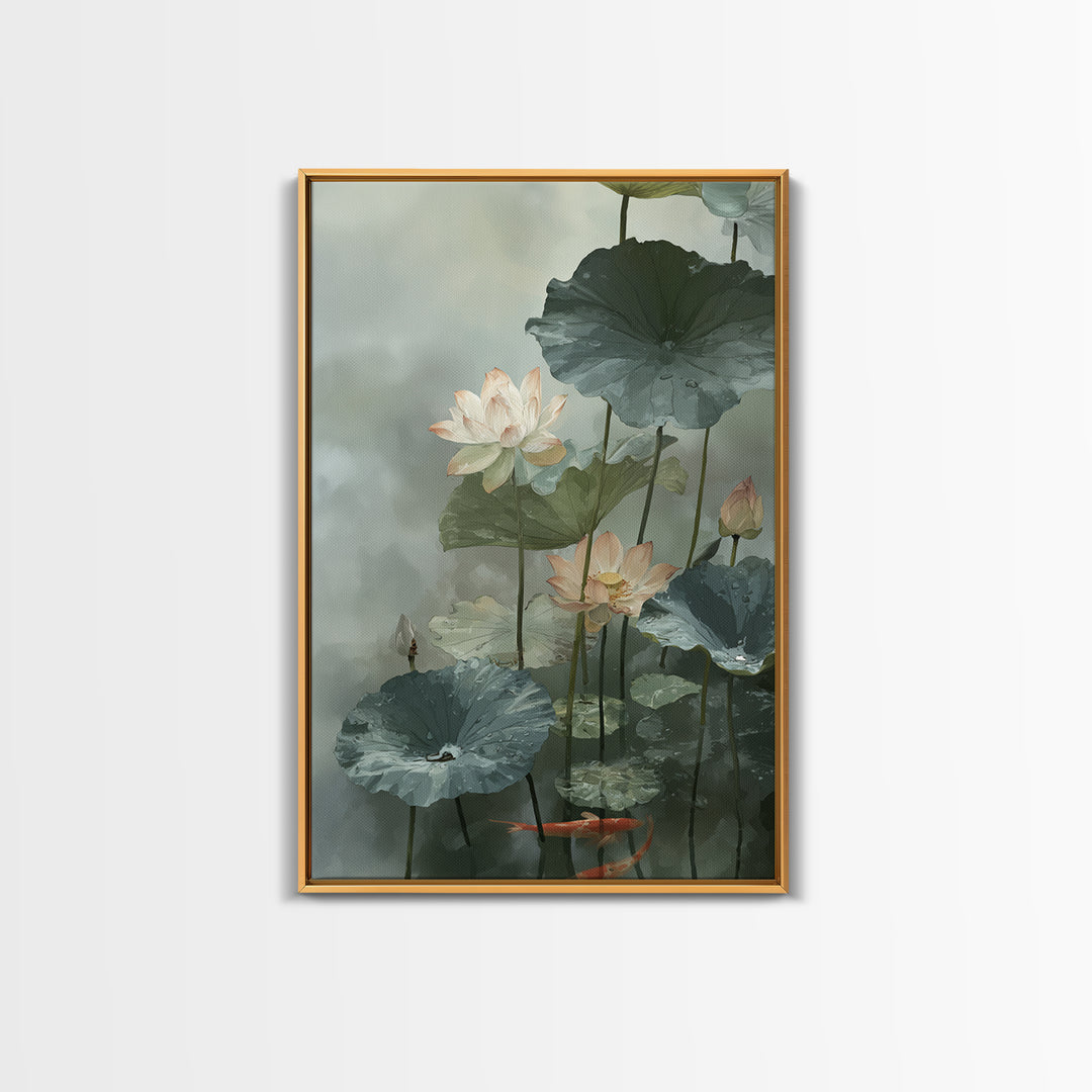 Lotus and Koi Water Scene Framed Canvas Print, Yoga Studio Art, Boho Decor, Yoga Studio Decor, Balance, Bookshelf Decor, YSA-2x3-30
