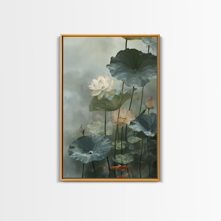 Lotus and Koi Water Scene Framed Canvas Print, Yoga Studio Art, Boho Decor, Yoga Studio Decor, Balance, Bookshelf Decor, YSA-2x3-30
