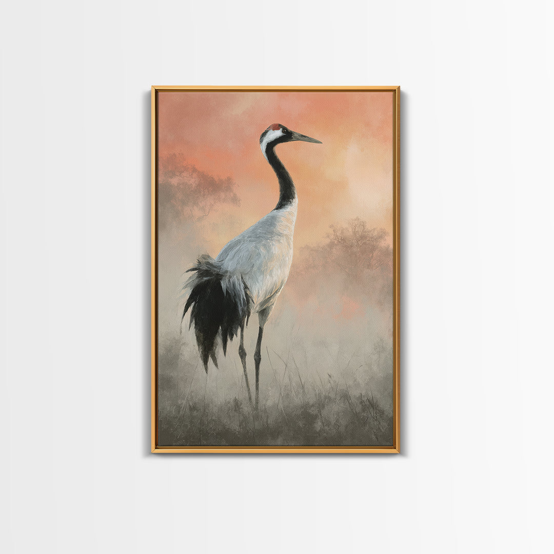 White Crane in Misty Morning Canvas Print, Yoga Studio Art, Mandala Wall Art, Yoga Studio Decor, Oil Painting, Balance, YSA-2x3-95