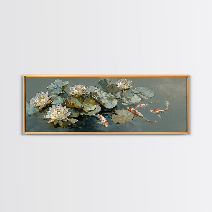 Lotus and Koi Water Scene Canvas Print, Yoga Studio Art, Boho Wall Hanging, Yoga Studio Decor, Fine Art, Balance, YSA-3x1-14
