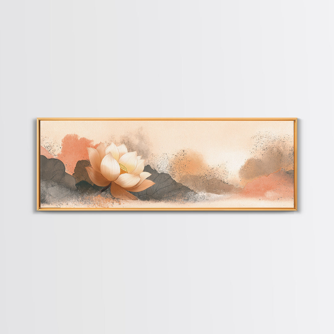 Lotus Flower with Soft Golden Glow Framed Canvas Print, Yoga Studio Art, Wall Art Print, Yoga Studio Decor, Fine Art, Balance, YSA-3x1-67
