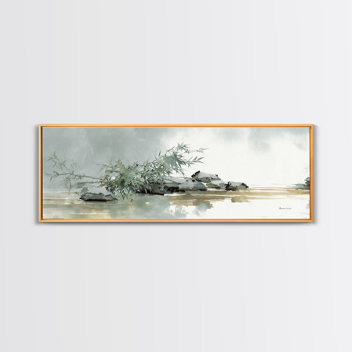 Bamboo and Mist Ink Wash Composition Framed Canvas Print, Yoga Studio Art, Nature Prints, Yoga Studio Decor, Oil Painting, YSA-3x1-74