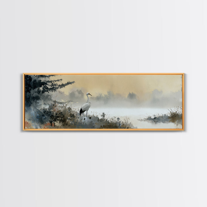 White Crane in Misty Morning Framed Canvas Print, Yoga Studio Art, Minimalist Wall Art, Yoga Studio Decor, Oil Painting, YSA-3x1-79