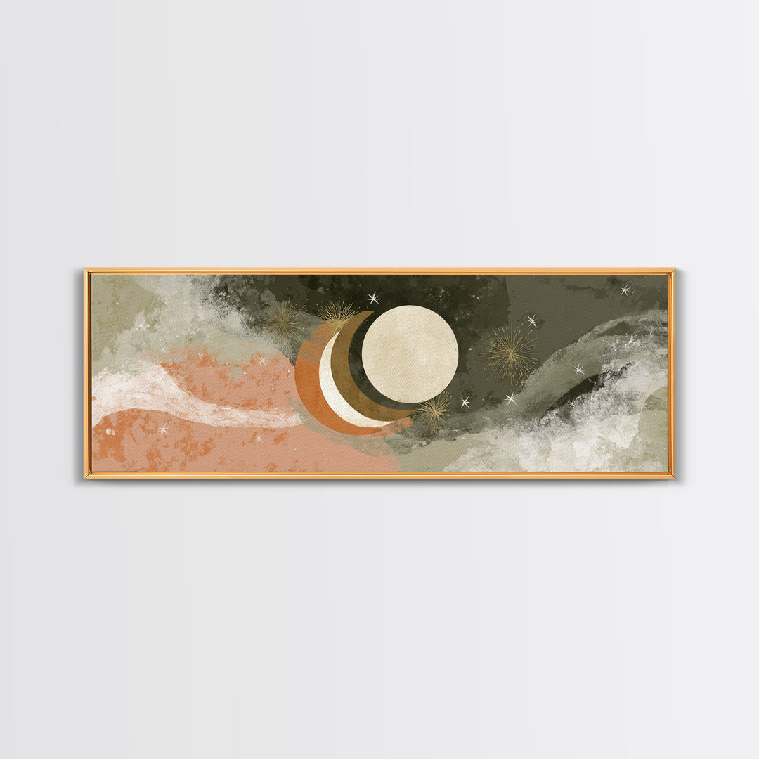 Crescent Moon and Stars Framed Canvas Print, Yoga Studio Art, Metal Wall Decor, Yoga Studio Decor, Fine Art, Balance, YSA-3x1-82