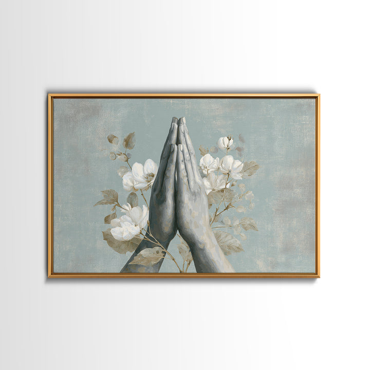Yoga Hands in Prayer with Small Flowers Canvas Print, Yoga Studio Art, Living Room Wall Art, Yoga Studio Decor, Balance, YSA-3x2-15