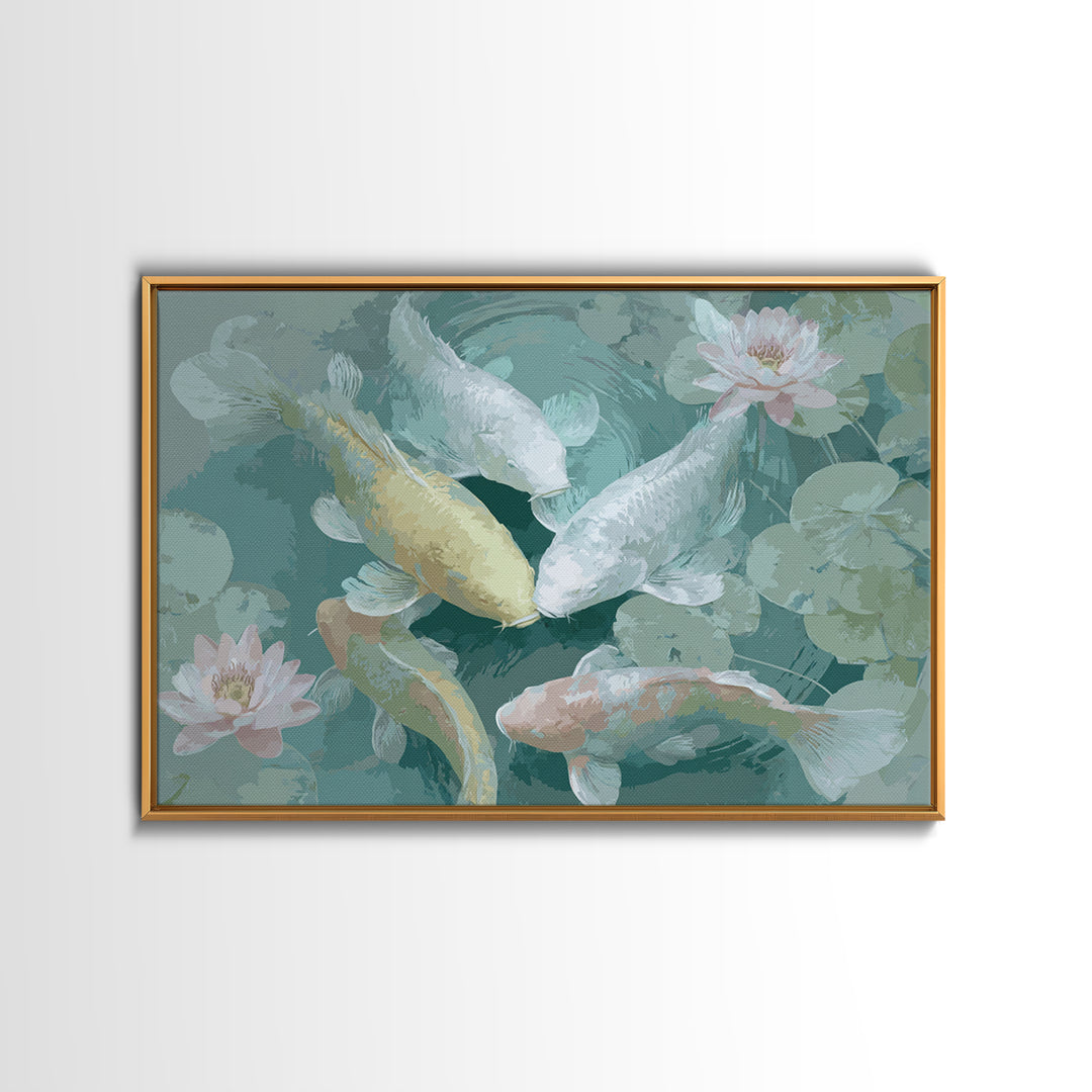 Lotus and Koi Water Scene Framed Canvas Print, Yoga Studio Art, Yoga, Yoga Studio Decor, Fine Art, Balance, Nature Prints, YSA-3x2-2
