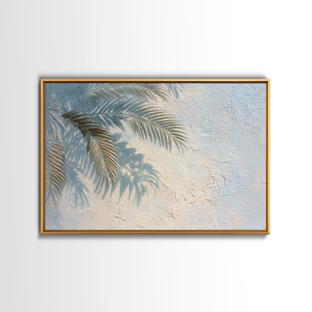 Gentle Palm Leaf Shadow on Plaster Framed Canvas Print, Yoga Studio Art, Minimalist Wall Art, Yoga Studio Decor, Balance, YSA-3x2-28