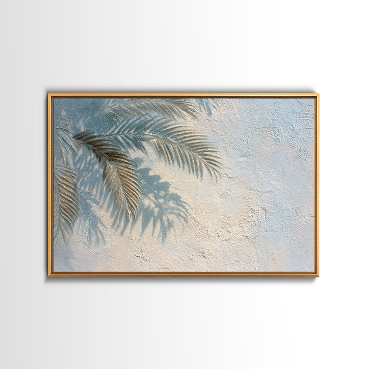 Gentle Palm Leaf Shadow on Plaster Framed Canvas Print, Yoga Studio Art, Minimalist Wall Art, Yoga Studio Decor, Balance, YSA-3x2-28