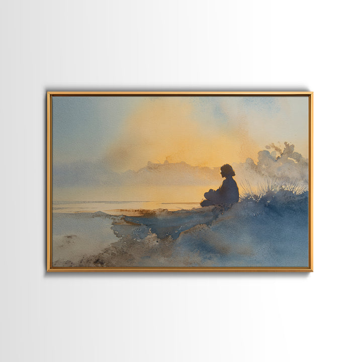 Soft Watercolor Aura Around Seated Figure Canvas Print, Yoga Studio Art, Custom Wall Art, Yoga Studio Decor, Fine Art, Balance, YSA-3x2-3