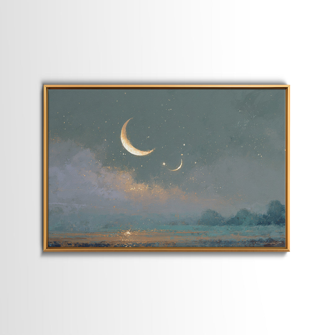 Crescent Moon and Stars Framed Canvas Print, Yoga Studio Art, Large Wall Decor, Yoga Studio Decor, Fine Art, Balance, YSA-3x2-46
