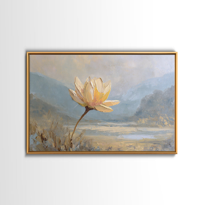 Lotus Flower with Soft Golden Glow Framed Canvas Print, Yoga Studio Art, Feminine Wall Art, Yoga Studio Decor, Watercolor Art, YSA-3x2-79