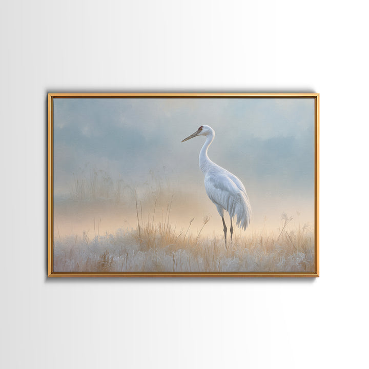 White Crane in Misty Morning Framed Canvas Print, Yoga Studio Art, Art Print, Yoga Studio Decor, Oil Painting, Balance, YSA-3x2-91