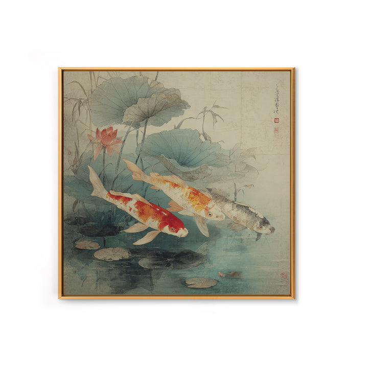 Koi Fish Beneath Floating Lotus Leaves Framed Canvas Print, Zen Art, Metal Wall Art, Living Room Decor, Oil Painting, Zen, ZEN-1x1-28