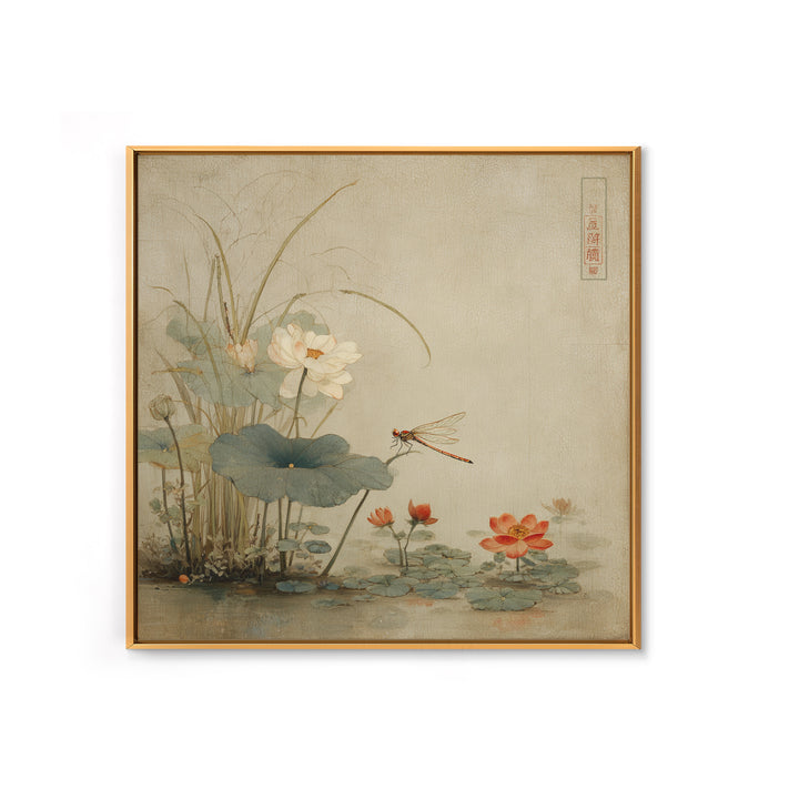 Dragonfly over Lotus Pond Framed Canvas Print, Zen Art, Japandi Wall Art, Living Room Decor, Fine Art, Zen, Neutral Decor, ZEN-1x1-64