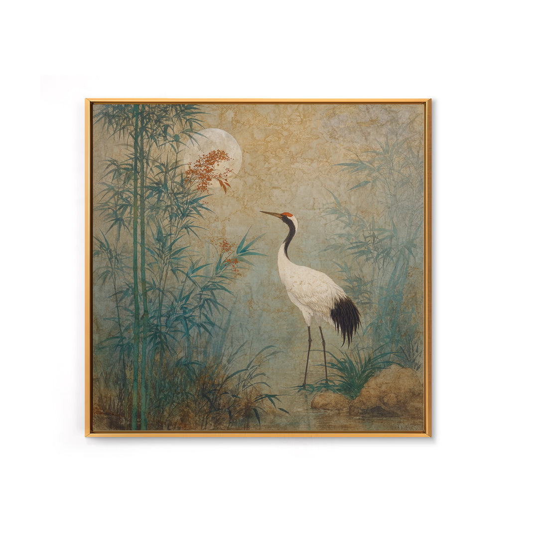 White Crane Standing Framed Canvas Print, Zen Art, Luxury Decor, Living Room Decor, Oil Painting, Zen, Large Wall Art, ZEN-1x1-79