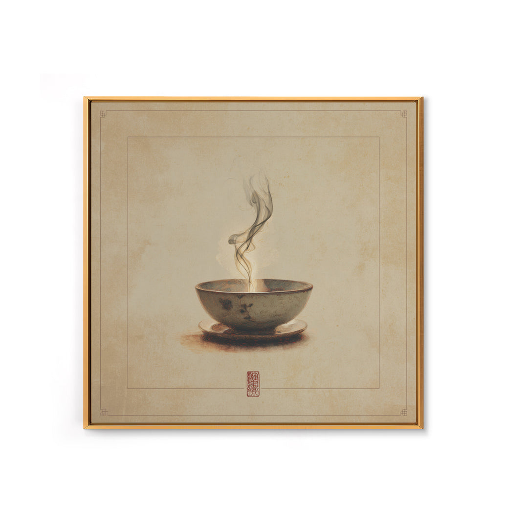 Tea Bowl with Steam Rising Gently Framed Canvas Print, Zen Art, Statement Artwork, Living Room Decor, Fine Art, Zen, ZEN-1x1-80