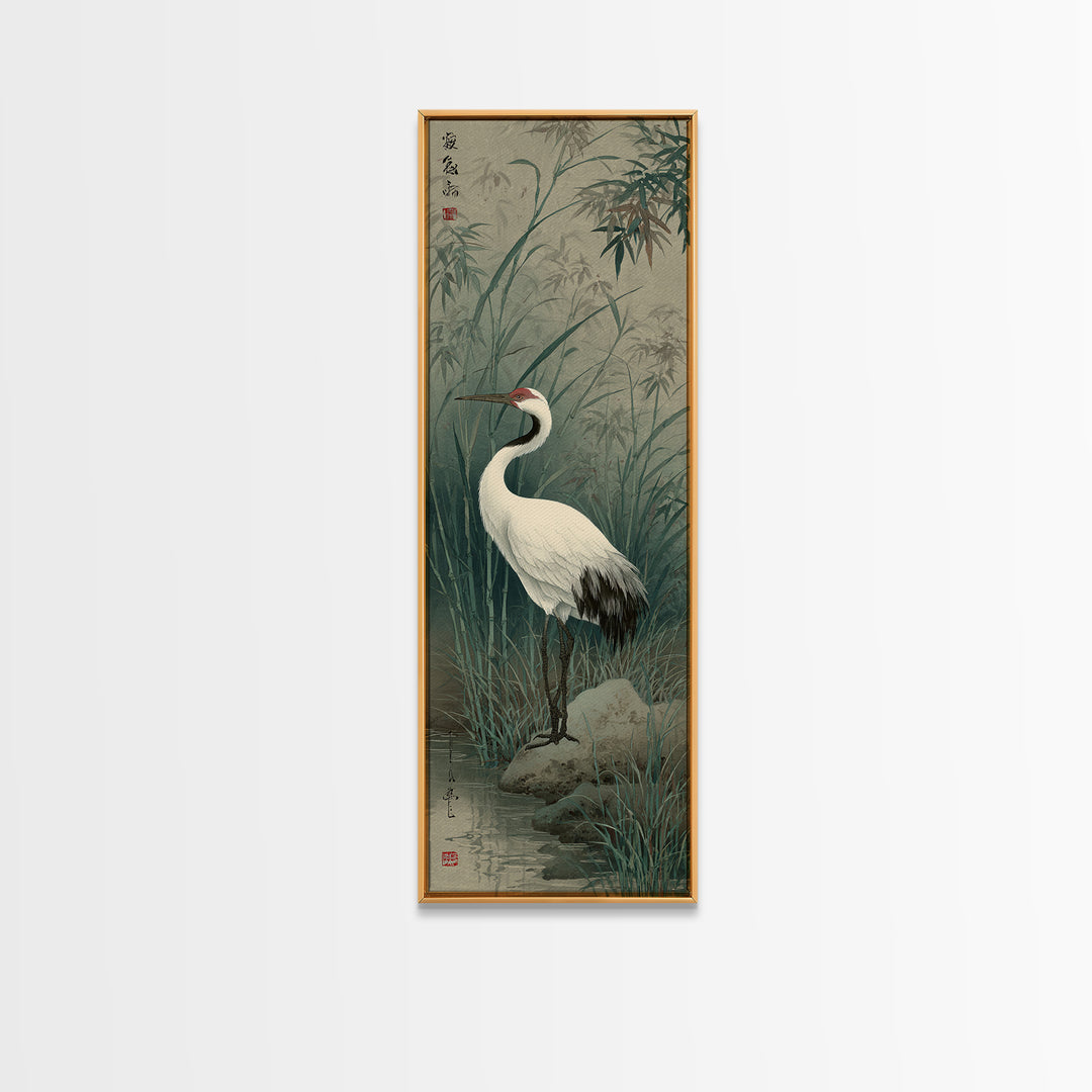 White Crane Standing Framed Canvas Print, Zen Art, Extra Large Wall Art, Living Room Decor, Fine Art, Zen, Boho Decor, ZEN-1x3-19