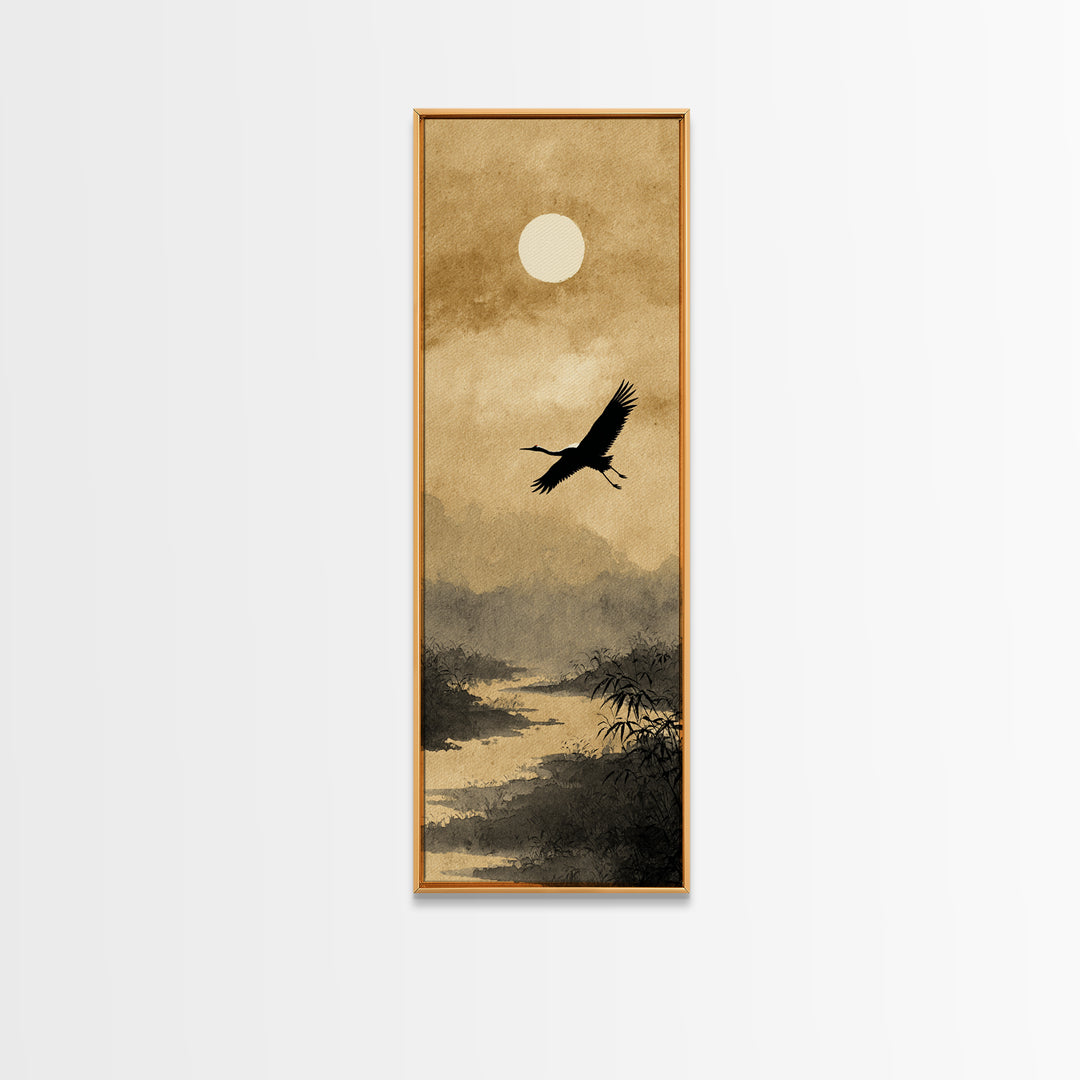 Crane Flying Across Pale Sun Canvas Print, Zen Art, Beach Decor, Living Room Decor, Abstract Art, Zen, Modern Decor, ZEN-1x3-60