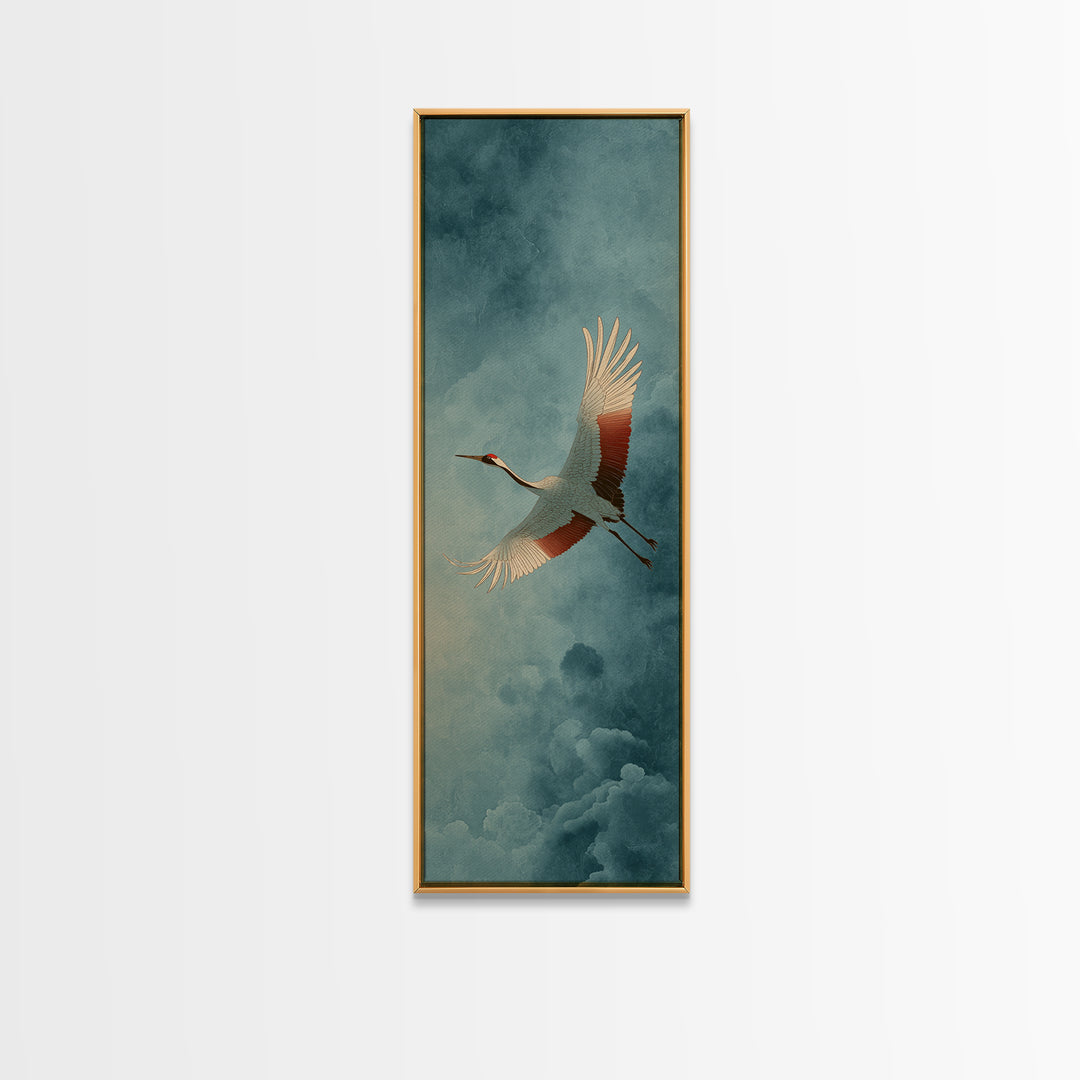 Crane Flying Across Pale Sun Framed Canvas Print, Zen Art, Flower Print, Living Room Decor, Fine Art, Zen, Textured Painting, ZEN-1x3-84