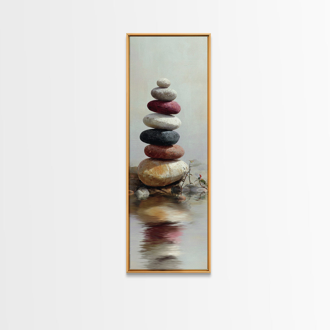 Stacked Stones Beside Still Water Framed Canvas Print, Zen Art, Wall Decor, Living Room Decor, Fine Art, Zen, Japanese Wall Art, ZEN-1x3-87