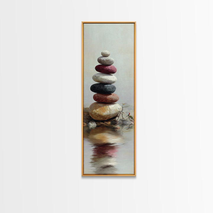 Stacked Stones Beside Still Water Framed Canvas Print, Zen Art, Wall Decor, Living Room Decor, Fine Art, Zen, Japanese Wall Art, ZEN-1x3-87