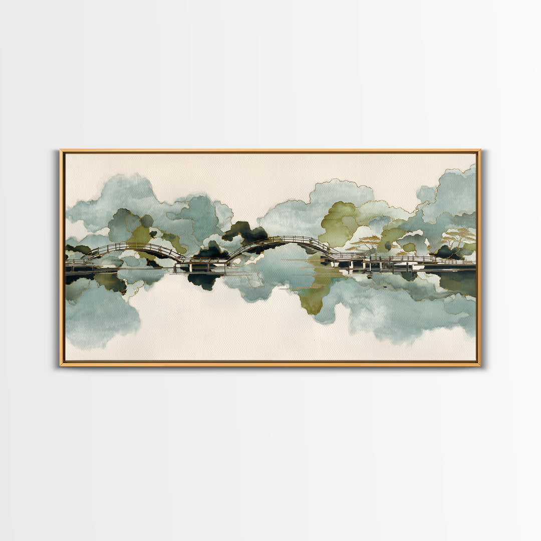 Japanese Garden Bridge Implied Through Shapes Framed Canvas Print, Zen Art, Art Print, Living Room Decor, Watercolor Art, Zen, ZEN-2x1-10