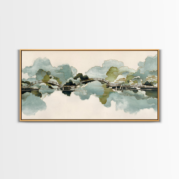 Japanese Garden Bridge Implied Through Shapes Framed Canvas Print, Zen Art, Art Print, Living Room Decor, Watercolor Art, Zen, ZEN-2x1-10