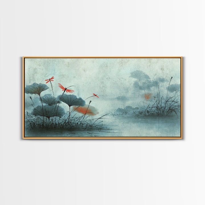 Dragonfly over Lotus Pond Framed Canvas Print, Zen Art, Room Decor, Living Room Decor, Fine Art, Zen, Canvas Wall Art, ZEN-2x1-12