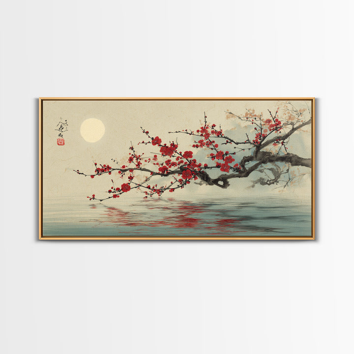 Black Branch with One Red Blossom Framed Canvas Print, Zen Art, Japanese Wall Art, Living Room Decor, Watercolor Art, Zen, ZEN-2x1-29