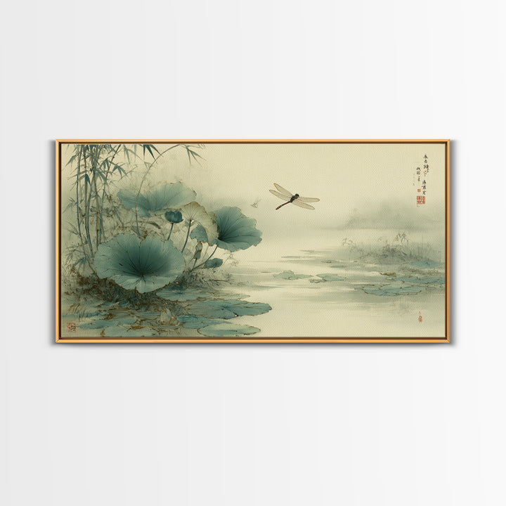 Dragonfly over Lotus Pond Framed Canvas Print, Zen Art, Large Wall Art, Living Room Decor, Oil Painting, Zen, Beach Decor, ZEN-2x1-60