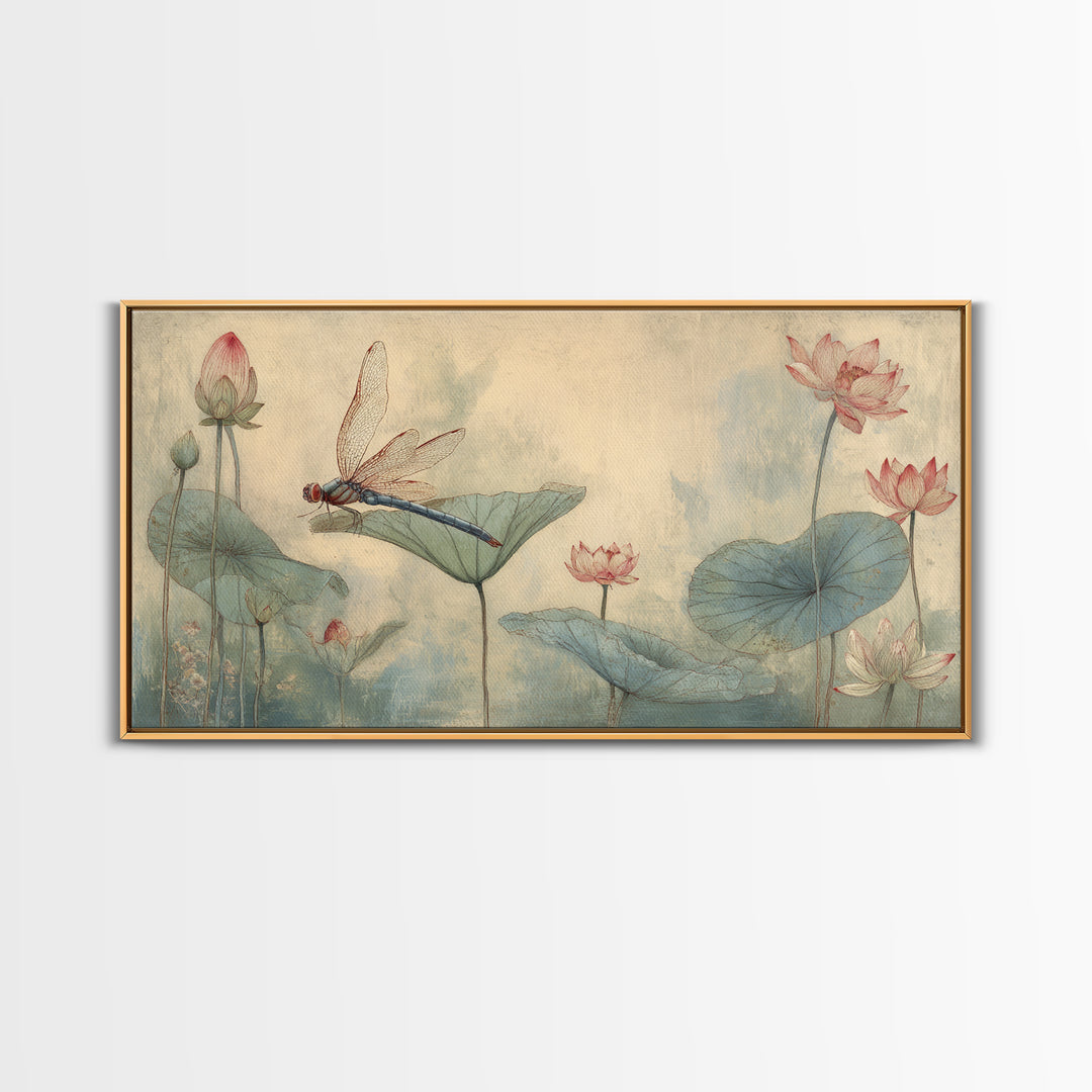 Dragonfly over Lotus Pond Framed Canvas Print, Zen Art, Japandi Wall Art, Living Room Decor, Fine Art, Zen, Neutral Decor, ZEN-2x1-84
