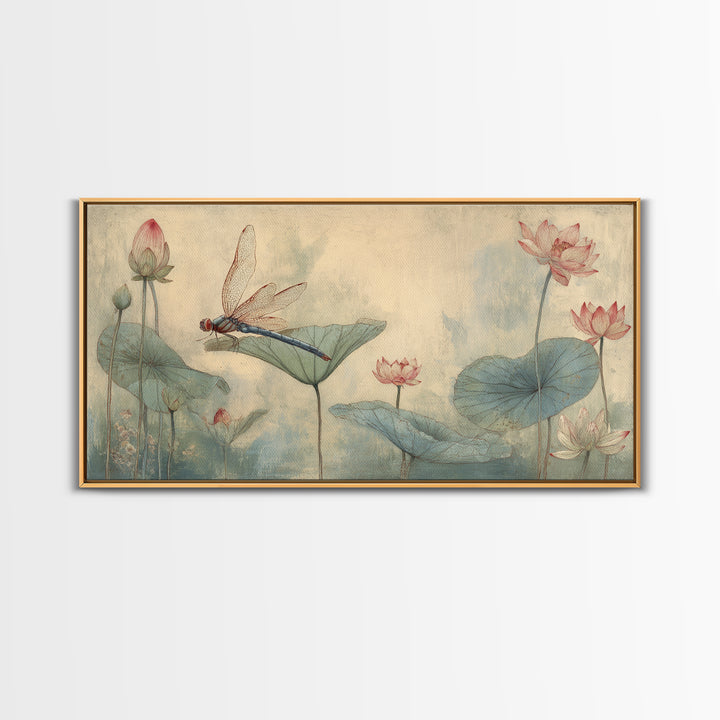 Dragonfly over Lotus Pond Framed Canvas Print, Zen Art, Japandi Wall Art, Living Room Decor, Fine Art, Zen, Neutral Decor, ZEN-2x1-84