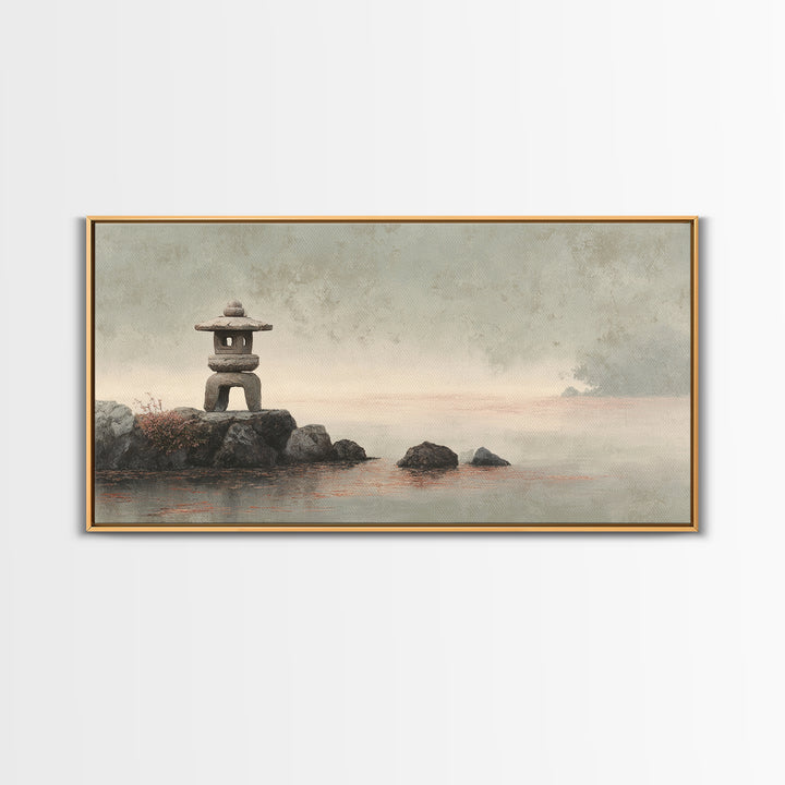 Stone Lantern in Morning Fog Without Garden Framed Canvas Print, Zen Art, Digital Print, Living Room Decor, Fine Art, Zen, ZEN-2x1-86
