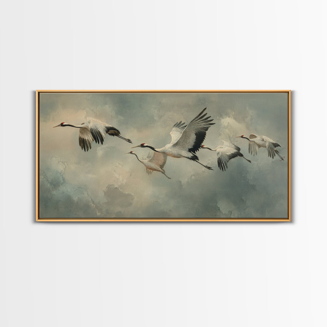 Crane Flying Across Pale Sun Framed Canvas Print, Zen Art, Japanese Wall Art, Living Room Decor, Oil Painting, Zen, ZEN-2x1-92