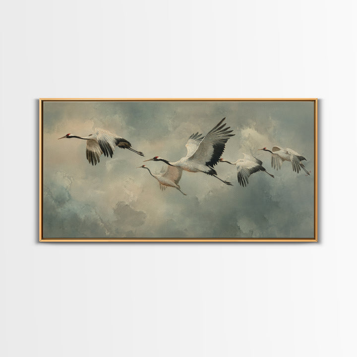 Crane Flying Across Pale Sun Framed Canvas Print, Zen Art, Japanese Wall Art, Living Room Decor, Oil Painting, Zen, ZEN-2x1-92