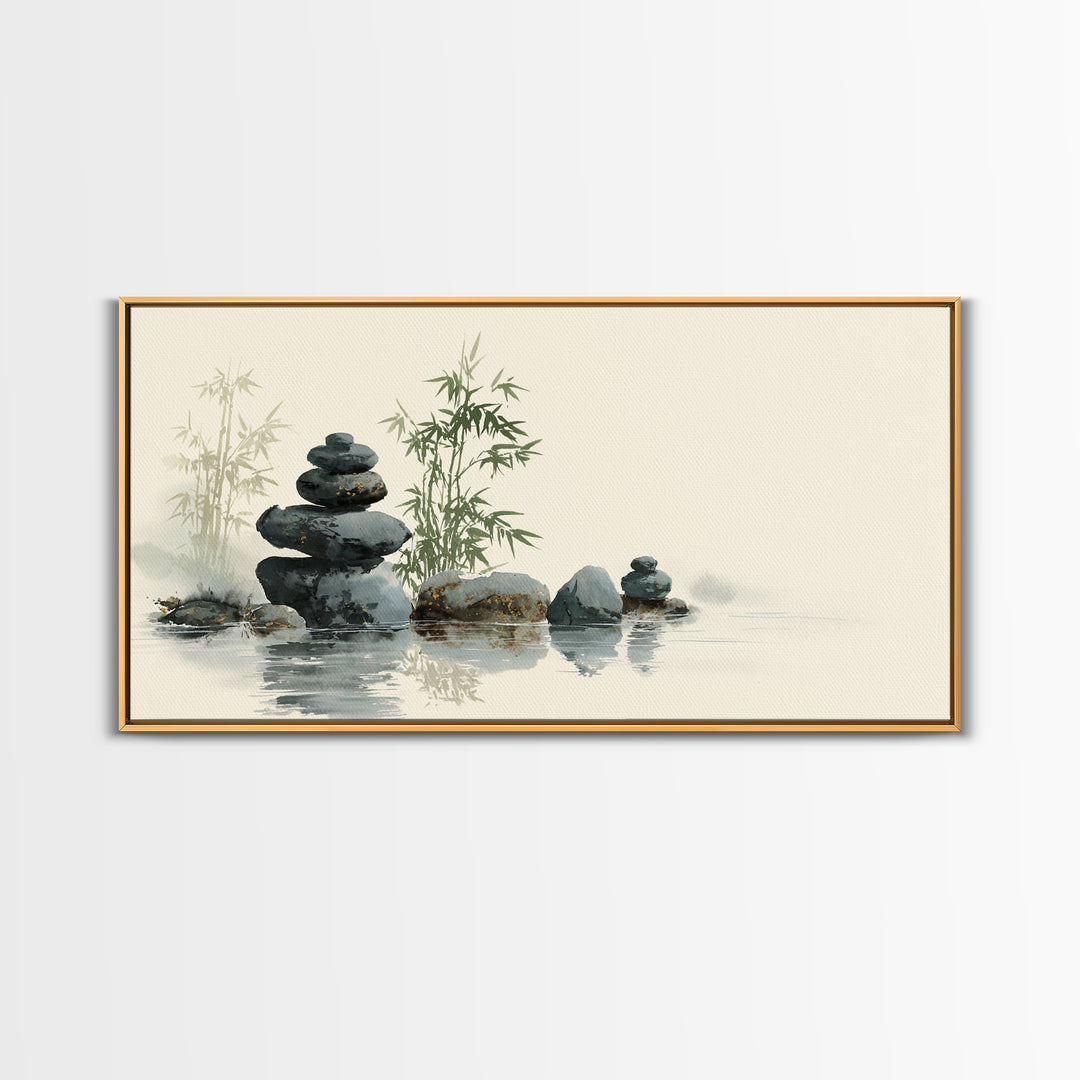 Stacked Stones Beside Still Water Framed Canvas Print, Zen Art, Statement Artwork, Living Room Decor, Fine Art, Zen, ZEN-2x1-95