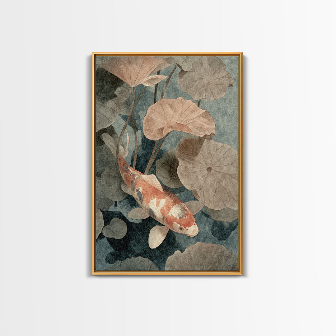 Koi Fish Beneath Floating Lotus Leaves Framed Canvas Print, Zen Art, Japanese Wall Art, Living Room Decor, Oil Painting, Zen, ZEN-2x3-12