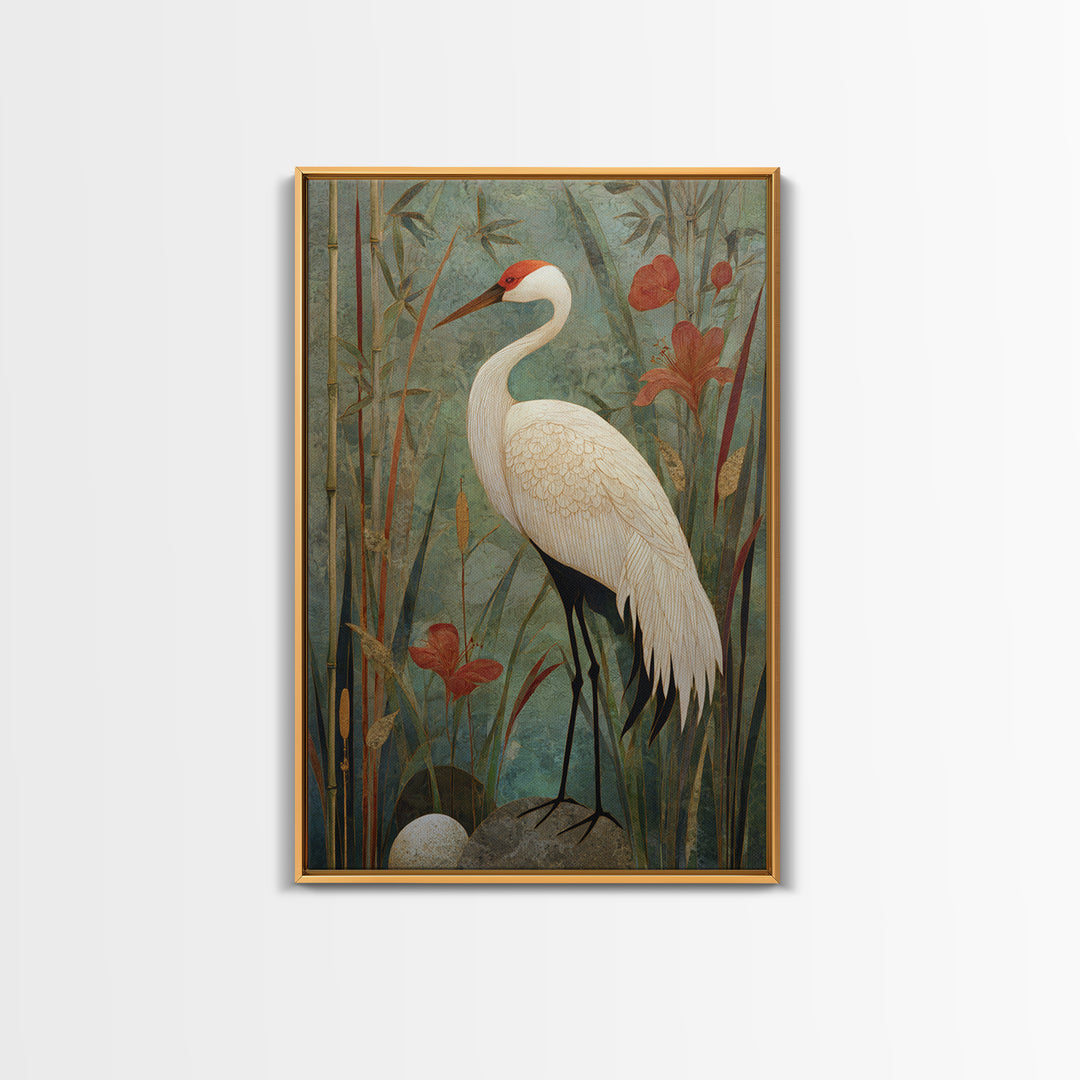 White Crane Standing Canvas Print, Zen Art, Abstract Art, Living Room Decor, Zen, Wabi Sabi Wall Art, Extra Large Wall Art, ZEN-2x3-15