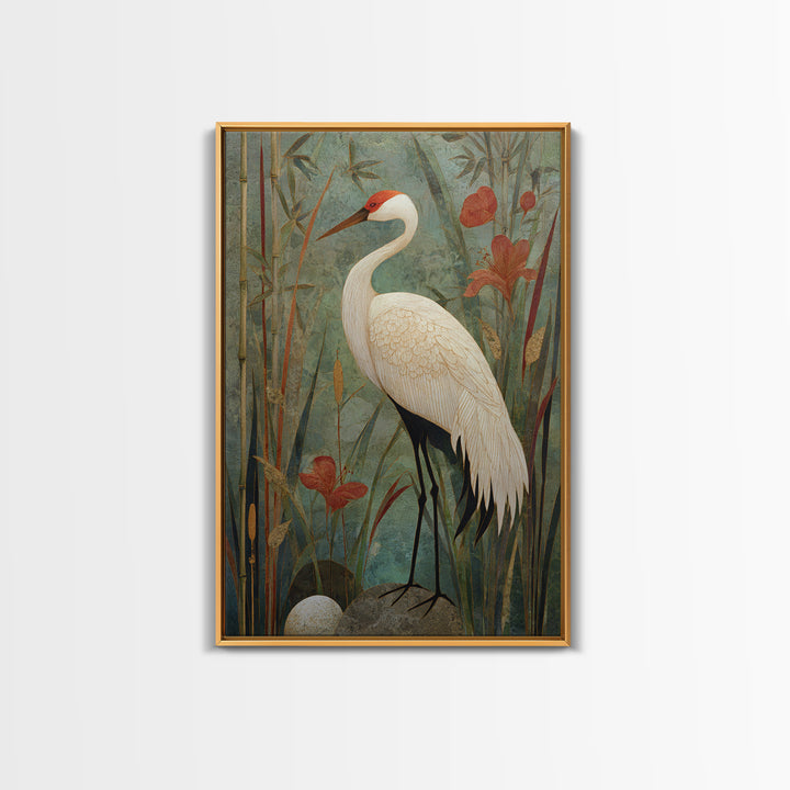 White Crane Standing Canvas Print, Zen Art, Abstract Art, Living Room Decor, Zen, Wabi Sabi Wall Art, Extra Large Wall Art, ZEN-2x3-15