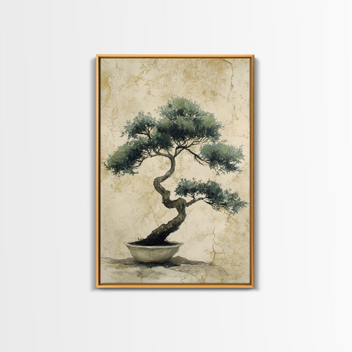 Bonsai Tree in Simple Ceramic Pot Framed Canvas Print, Zen Art, Extra Large Wall Art, Living Room Decor, Oil Painting, Zen, ZEN-2x3-20
