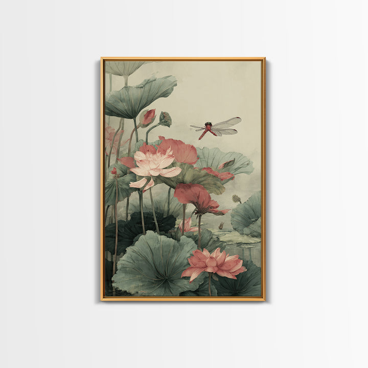 Dragonfly over Lotus Pond Framed Canvas Print, Zen Art, Minimalist Decor, Living Room Decor, Fine Art, Zen, Printable Art, ZEN-2x3-24