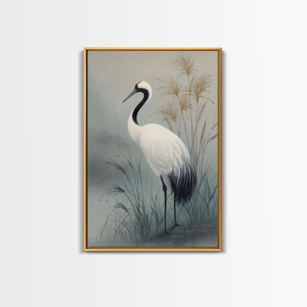 White Crane Standing Canvas Print, Zen Art, Minimalist Wall Art, Living Room Decor, Zen, Fine Art Print, Statement Artwork, ZEN-2x3-39