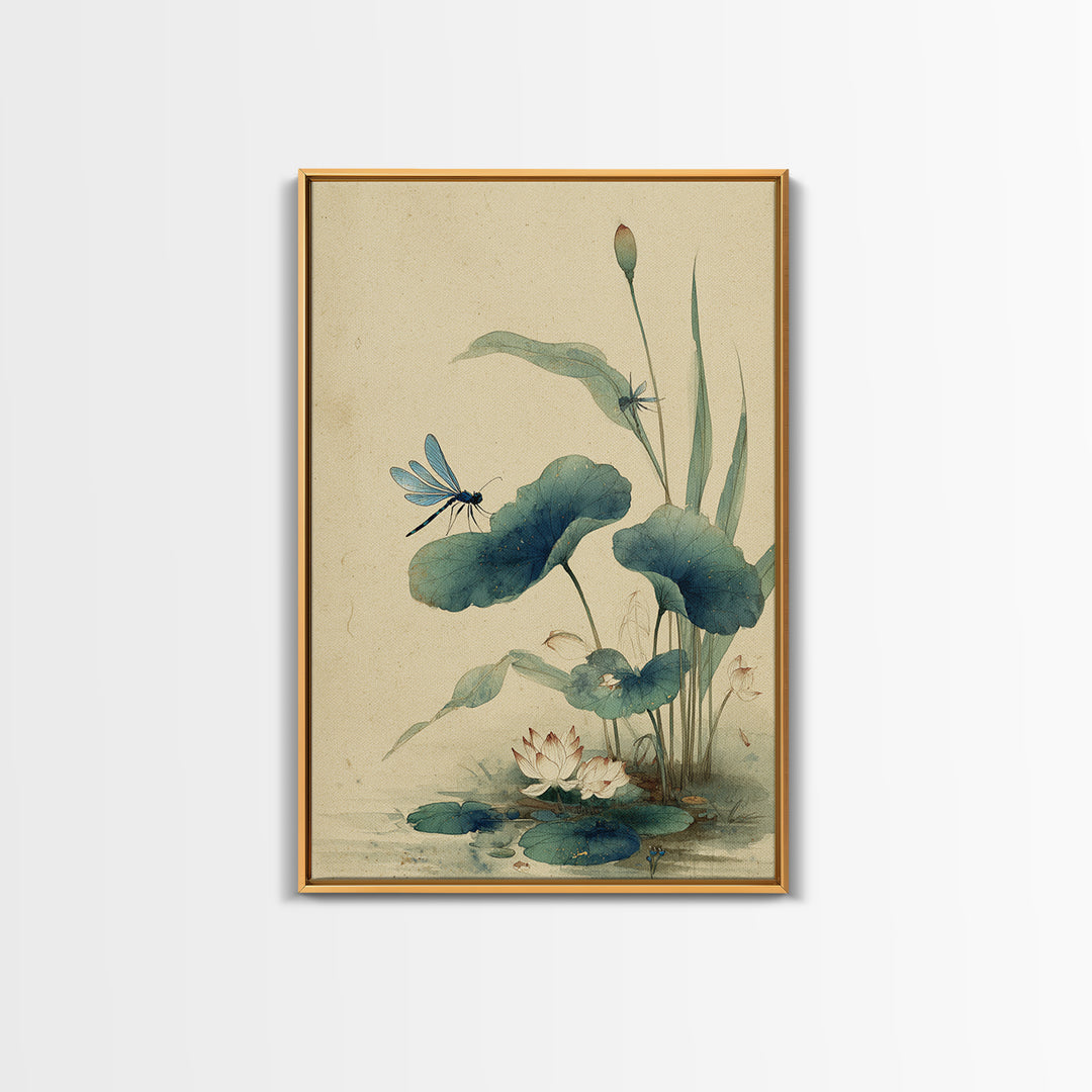 Dragonfly over Lotus Pond Framed Canvas Print, Zen Art, Living Room Decor, Watercolor Art, Zen, Extra Large Wall Art, ZEN-2x3-48