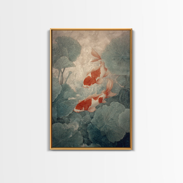 Koi Fish Beneath Floating Lotus Leaves Framed Canvas Print, Zen Art, Japandi Wall Art, Living Room Decor, Fine Art, Zen, ZEN-2x3-60