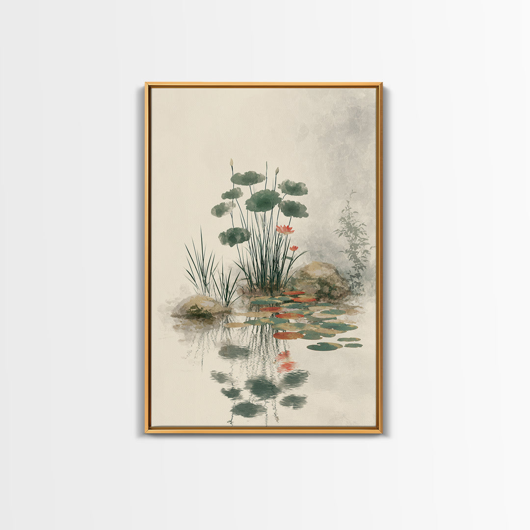 Moon Reflected in Quiet Pond Canvas Print, Zen Art, Living Room Decor, Oil Painting, Zen, Japanese Decor, Flower Print, ZEN-2x3-66