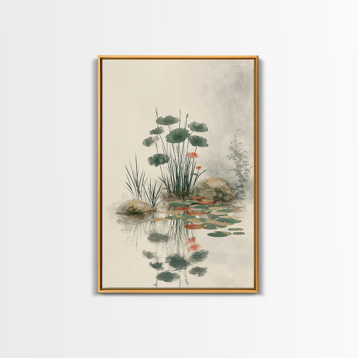 Moon Reflected in Quiet Pond Canvas Print, Zen Art, Living Room Decor, Oil Painting, Zen, Japanese Decor, Flower Print, ZEN-2x3-66