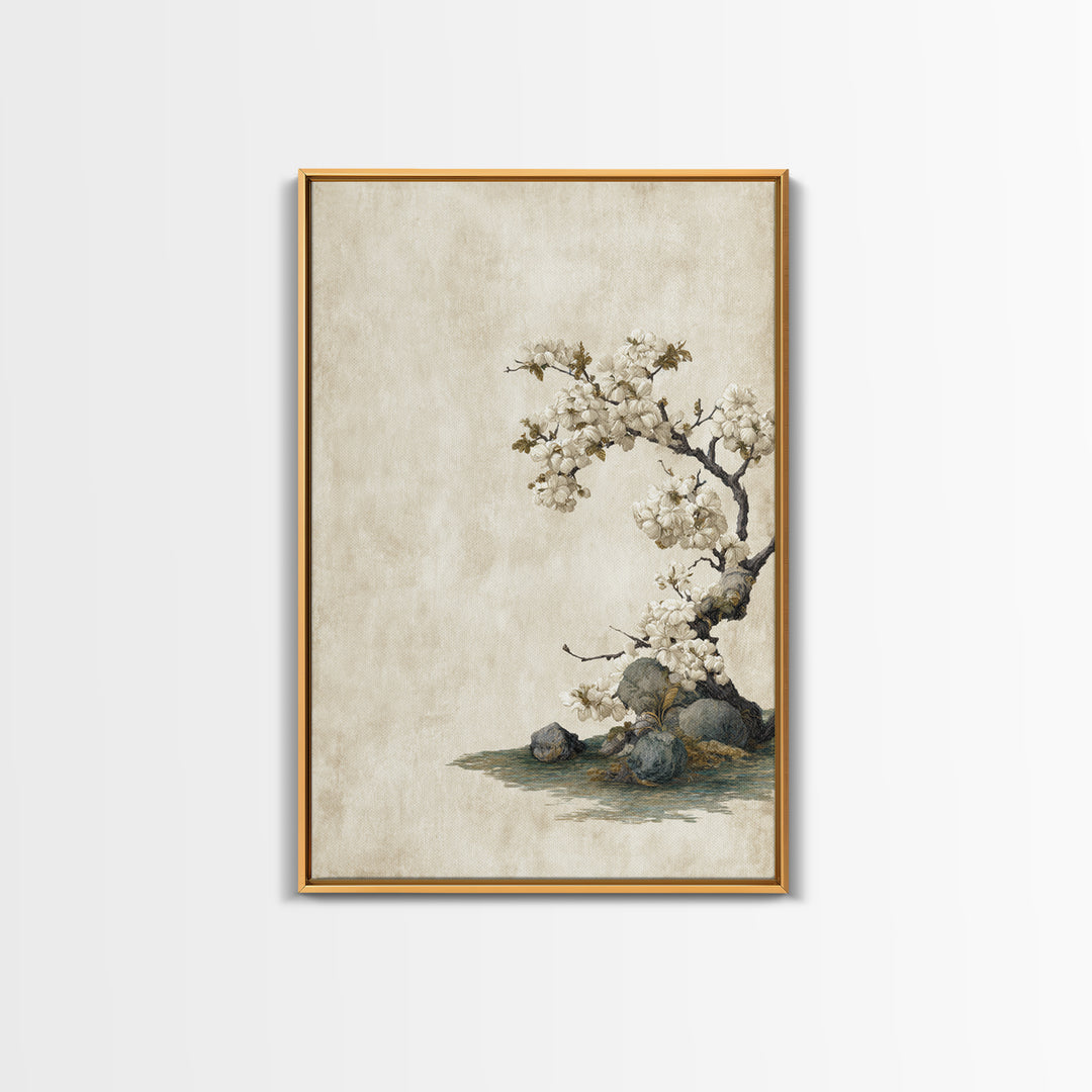 Falling Cherry Blossoms on Cream Ground Framed Canvas Print, Zen Art, Statement Artwork, Living Room Decor, Fine Art, Zen, ZEN-2x3-76