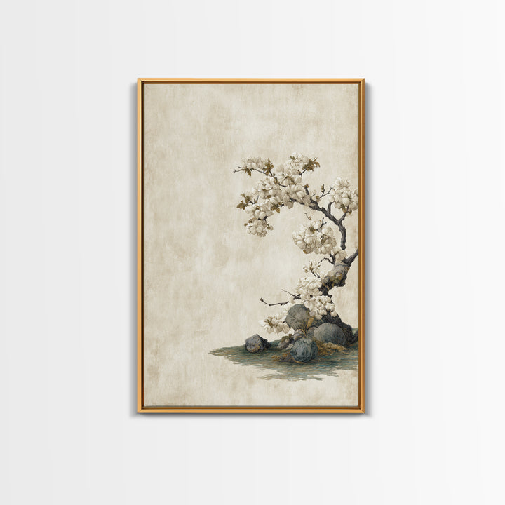 Falling Cherry Blossoms on Cream Ground Framed Canvas Print, Zen Art, Statement Artwork, Living Room Decor, Fine Art, Zen, ZEN-2x3-76